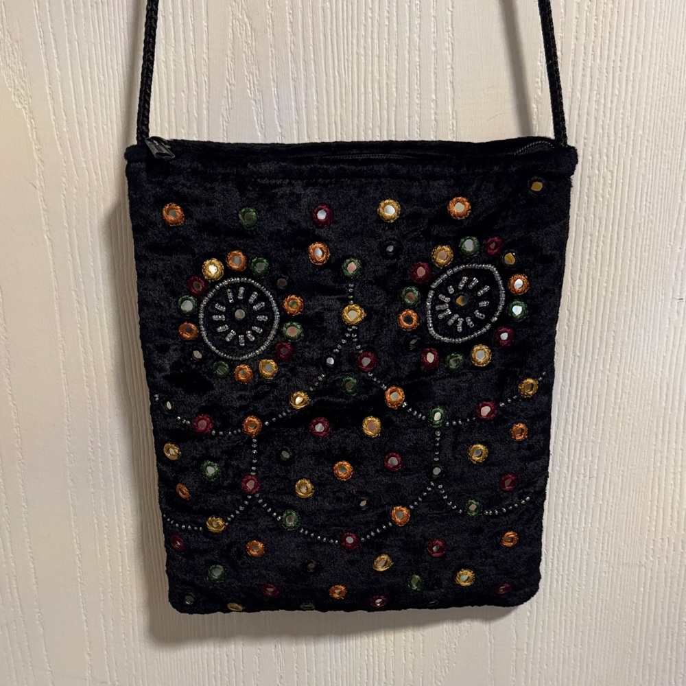 Velvet Beaded Black Crossbody Bag Colorful Design Classy Bohemian Zipper Close‎